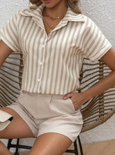 Striped Collared Neck Short Sleeve Shirt OutfitFlow